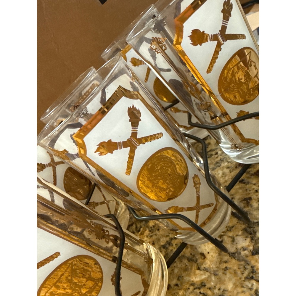 Vintage‎ MCM Gold Roman Medallion Frosted Highball Glasses Set of 6 with Caddy